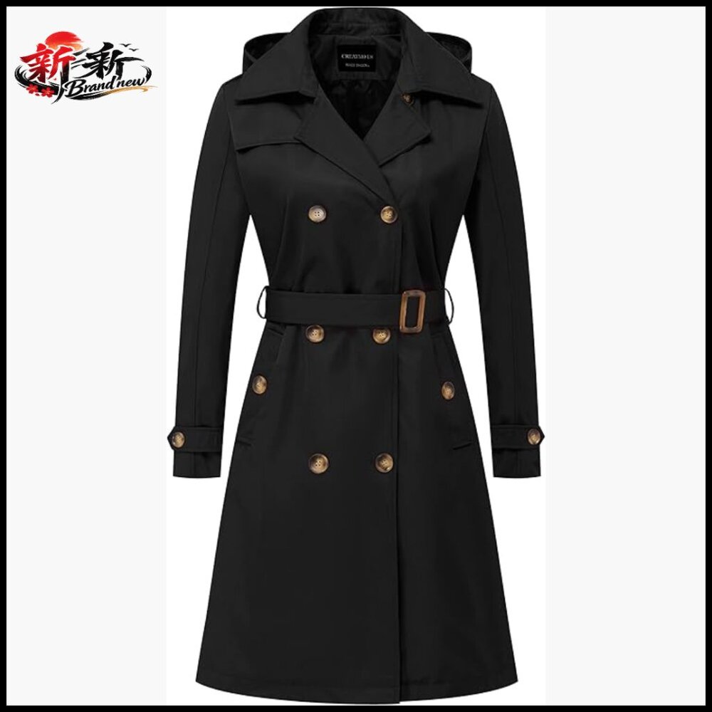 Long Trench Coat Double-Breasted Belted Slim Fit with Detachable Hood